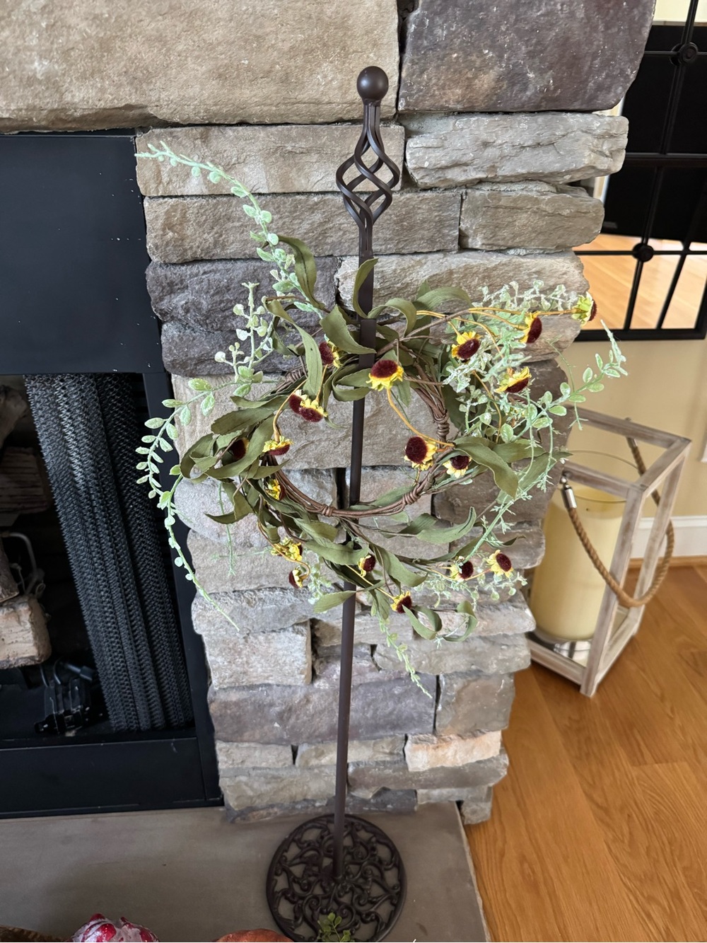Hobby Lobby Green and Yellow Faux Floral Wreath on Metal Stand